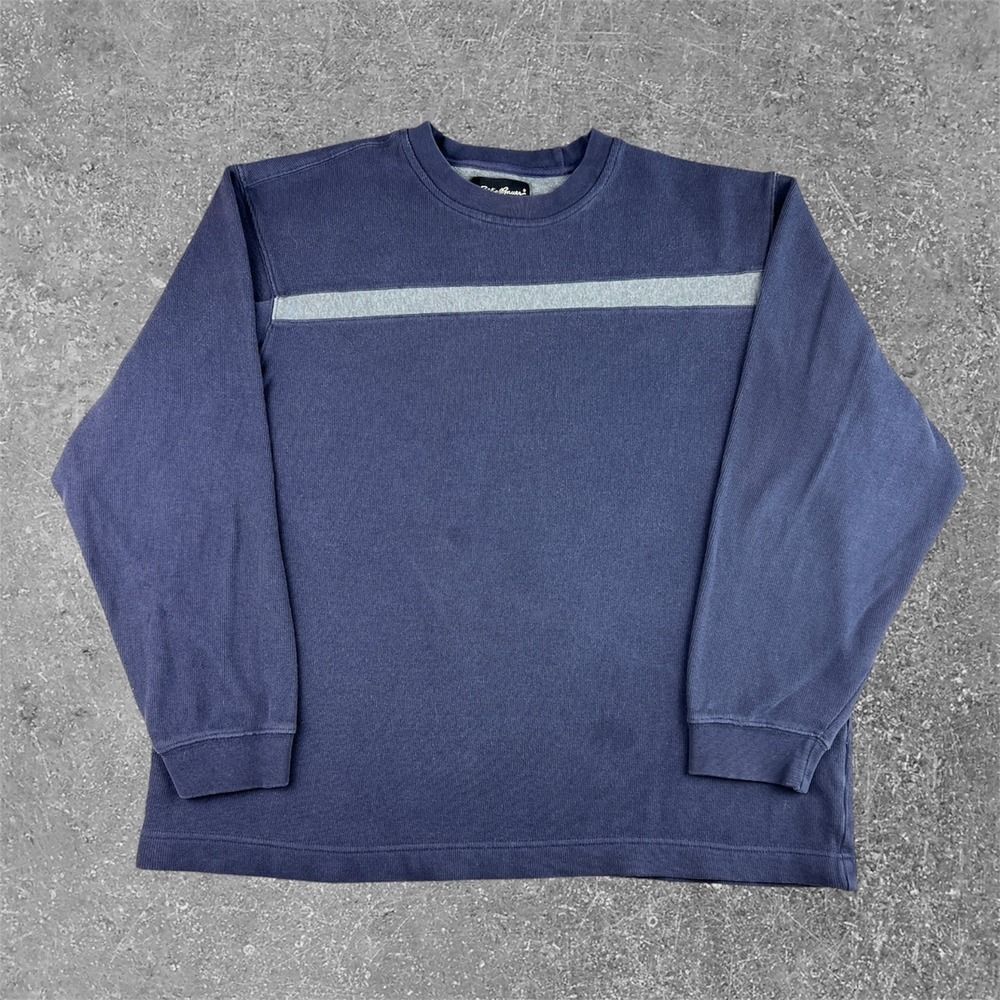 Eddie‎ Bauer Navy Blue Grey Stripe Pullover Sweatshirt Mens Large Colorblock Y2K